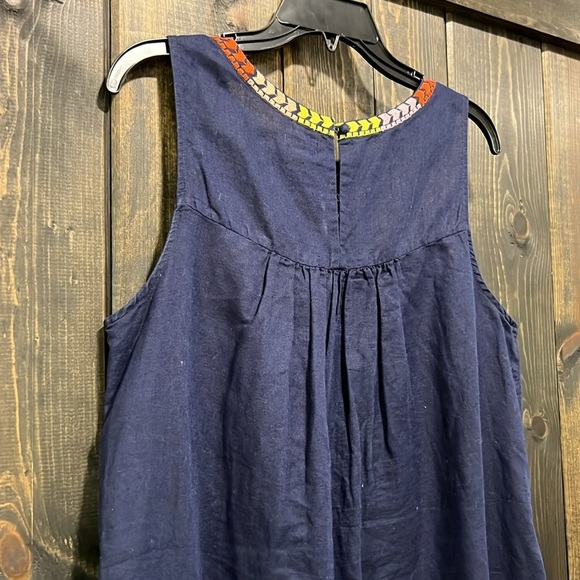 J. Crew Linen Blend Mini Dress 10 Embroidered Floral Boho Chic Navy Blue Cotton - Picture 7 of 10